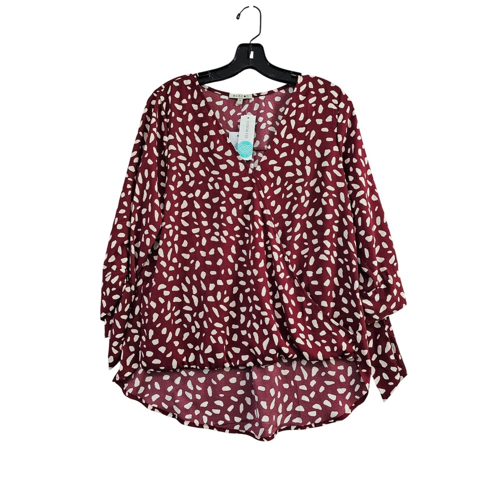 Beacon Allan Surplice Tie Sleeve Blouse Womens M‎ Burgundy Spotted High Low New